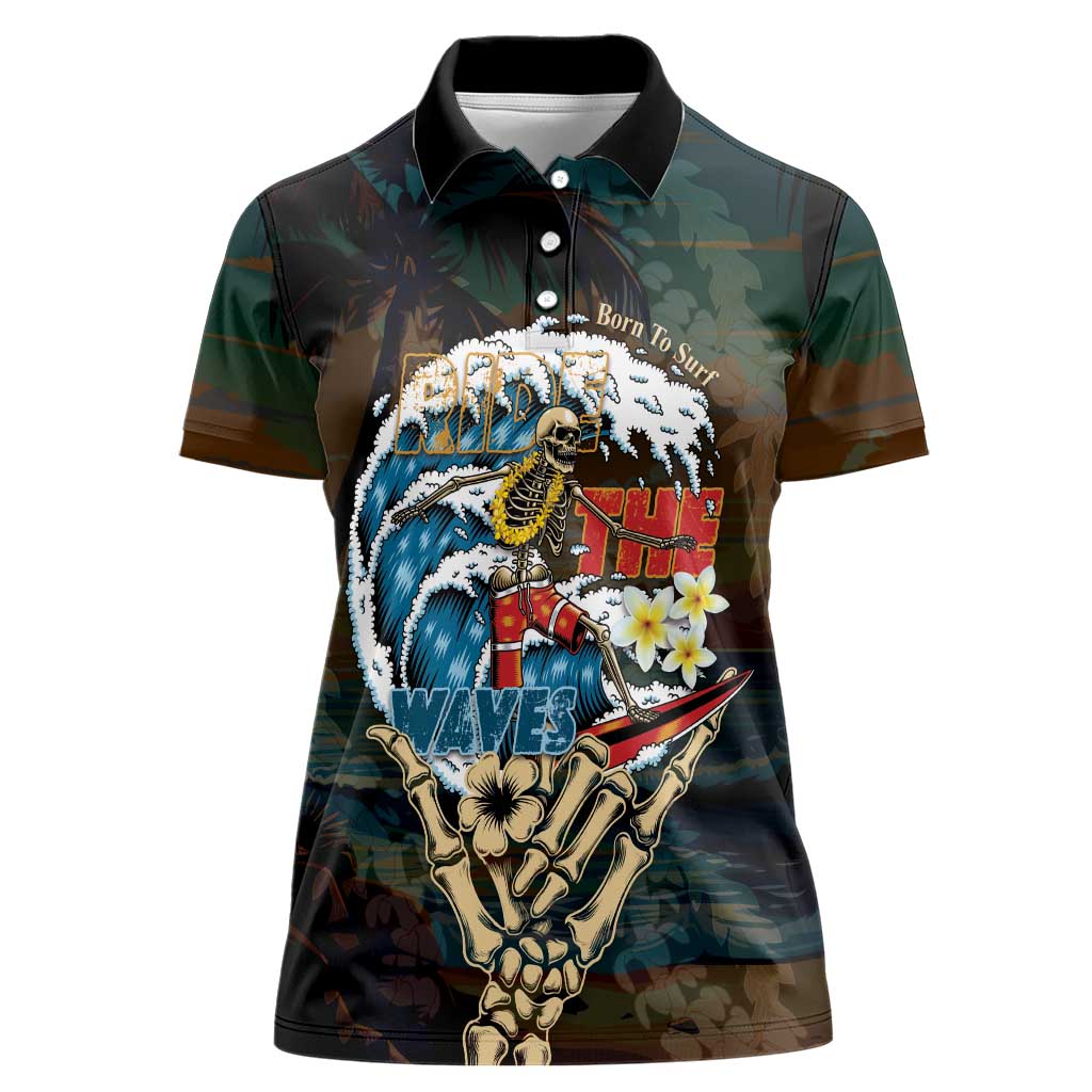 Aloha Hawaii Surfing Skull Women Polo Shirt Shaka Skeleton Ride The Waves - Wonder Print Shop