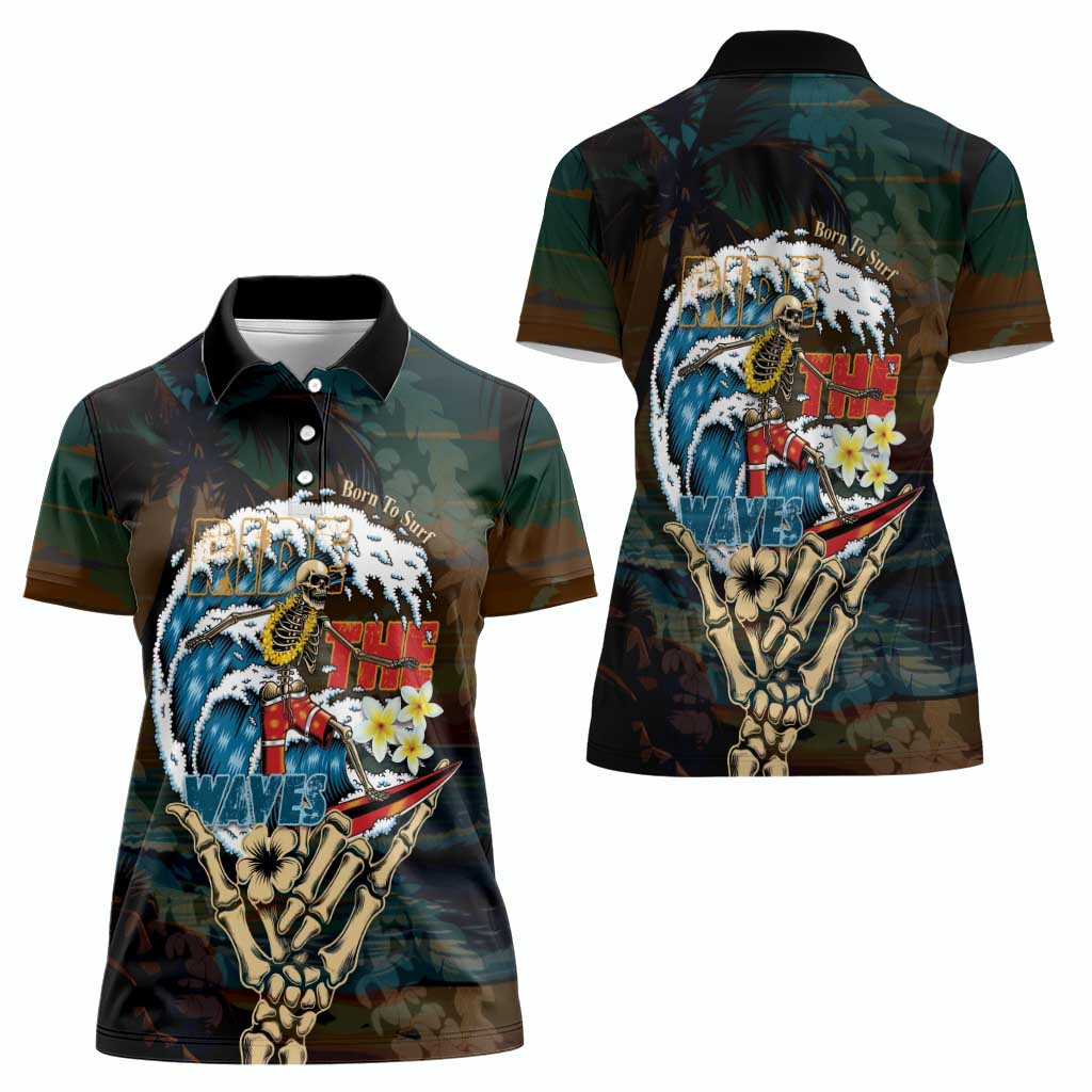 Aloha Hawaii Surfing Skull Women Polo Shirt Shaka Skeleton Ride The Waves - Wonder Print Shop