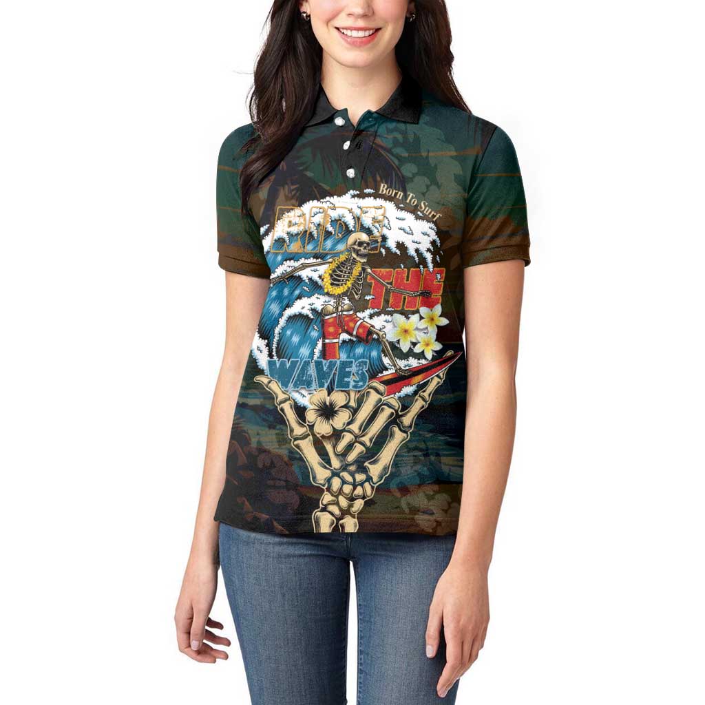 Aloha Hawaii Surfing Skull Women Polo Shirt Shaka Skeleton Ride The Waves - Wonder Print Shop