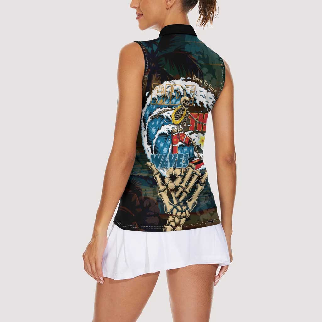 Aloha Hawaii Surfing Skull Women Sleeveless Polo Shirt Shaka Skeleton Ride The Waves - Wonder Print Shop