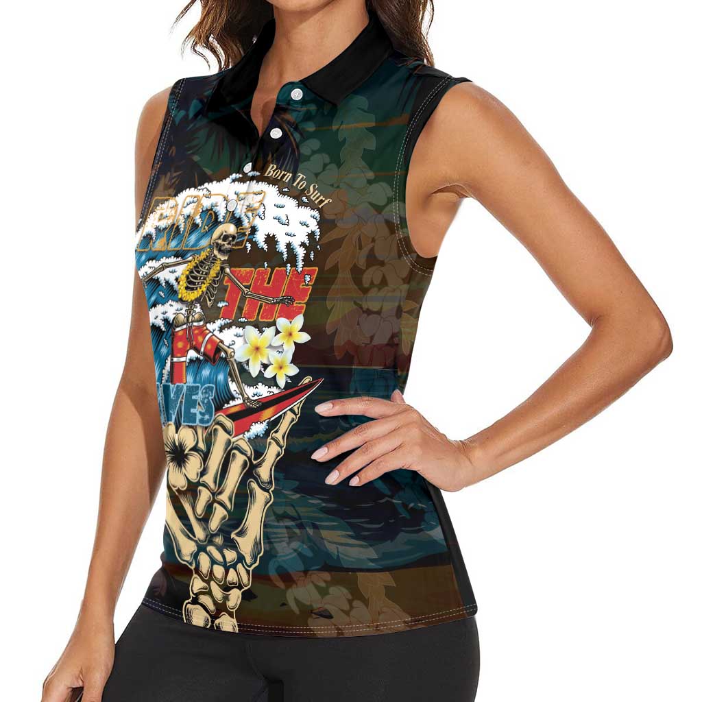 Aloha Hawaii Surfing Skull Women Sleeveless Polo Shirt Shaka Skeleton Ride The Waves - Wonder Print Shop