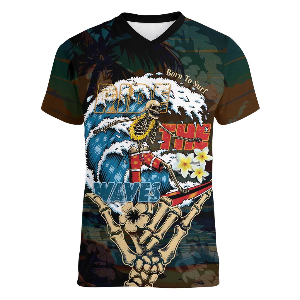 Aloha Hawaii Surfing Skull Women V-Neck T-Shirt Shaka Skeleton Ride The Waves - Wonder Print Shop