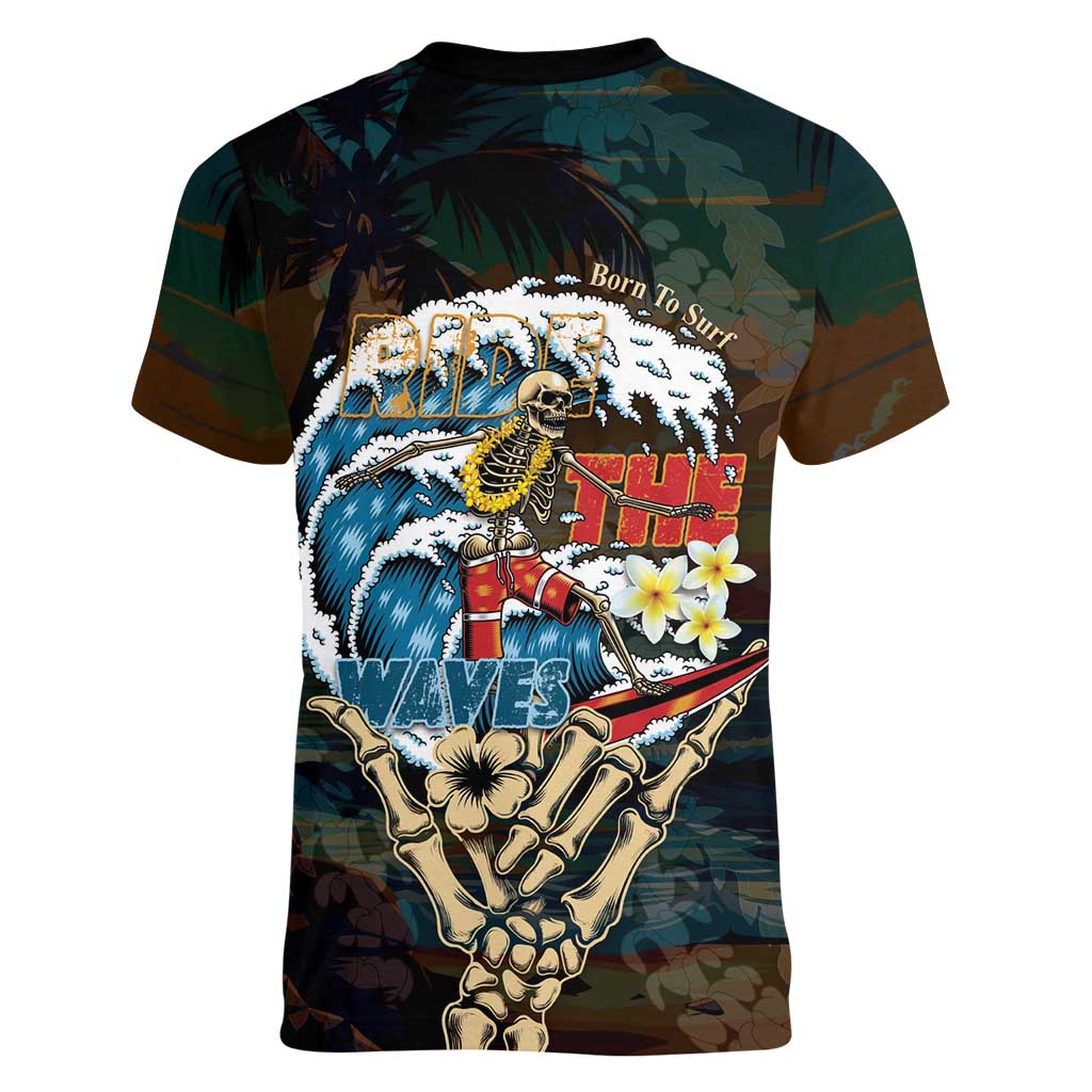 Aloha Hawaii Surfing Skull Women V-Neck T-Shirt Shaka Skeleton Ride The Waves - Wonder Print Shop
