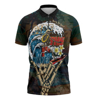 Aloha Hawaii Surfing Skull Zipper Polo Shirt Shaka Skeleton Ride The Waves - Wonder Print Shop
