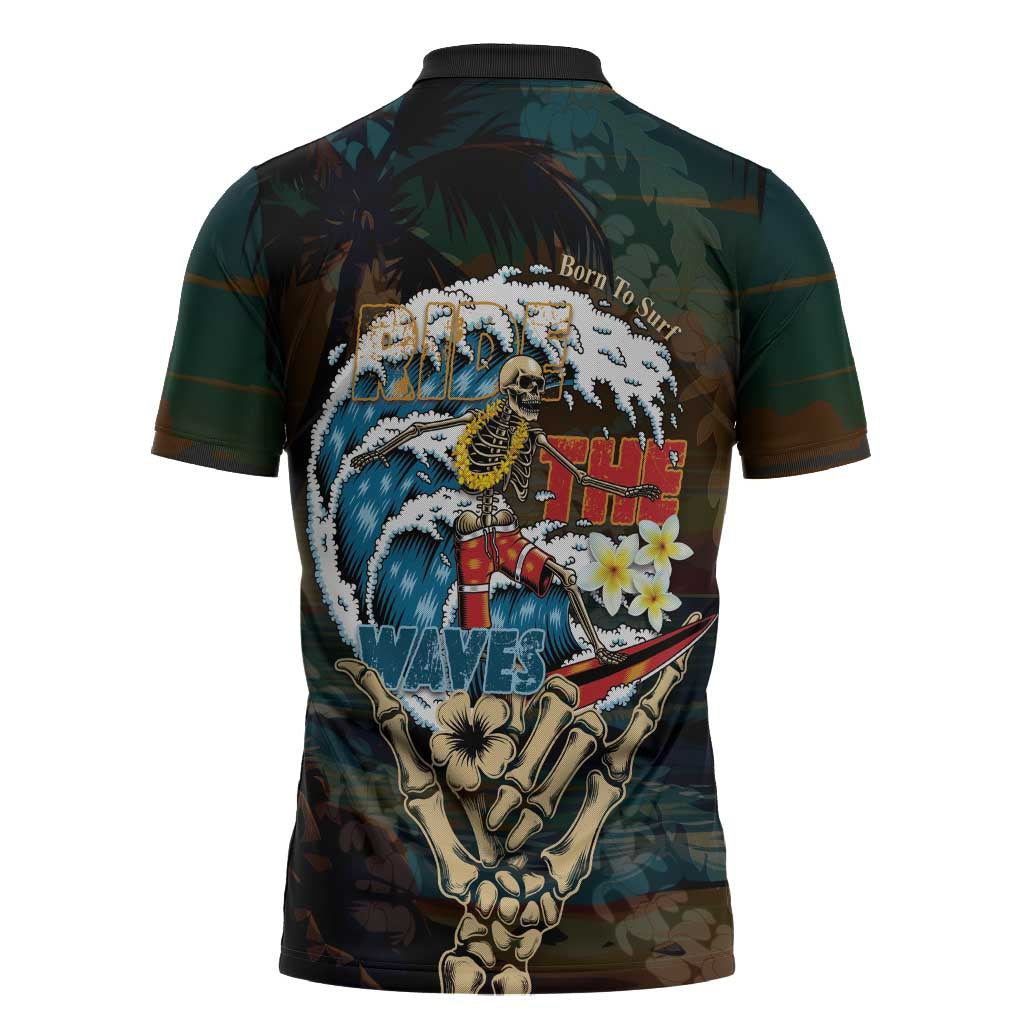 Aloha Hawaii Surfing Skull Zipper Polo Shirt Shaka Skeleton Ride The Waves - Wonder Print Shop