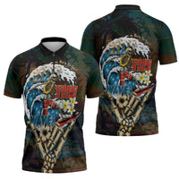 Aloha Hawaii Surfing Skull Zipper Polo Shirt Shaka Skeleton Ride The Waves - Wonder Print Shop