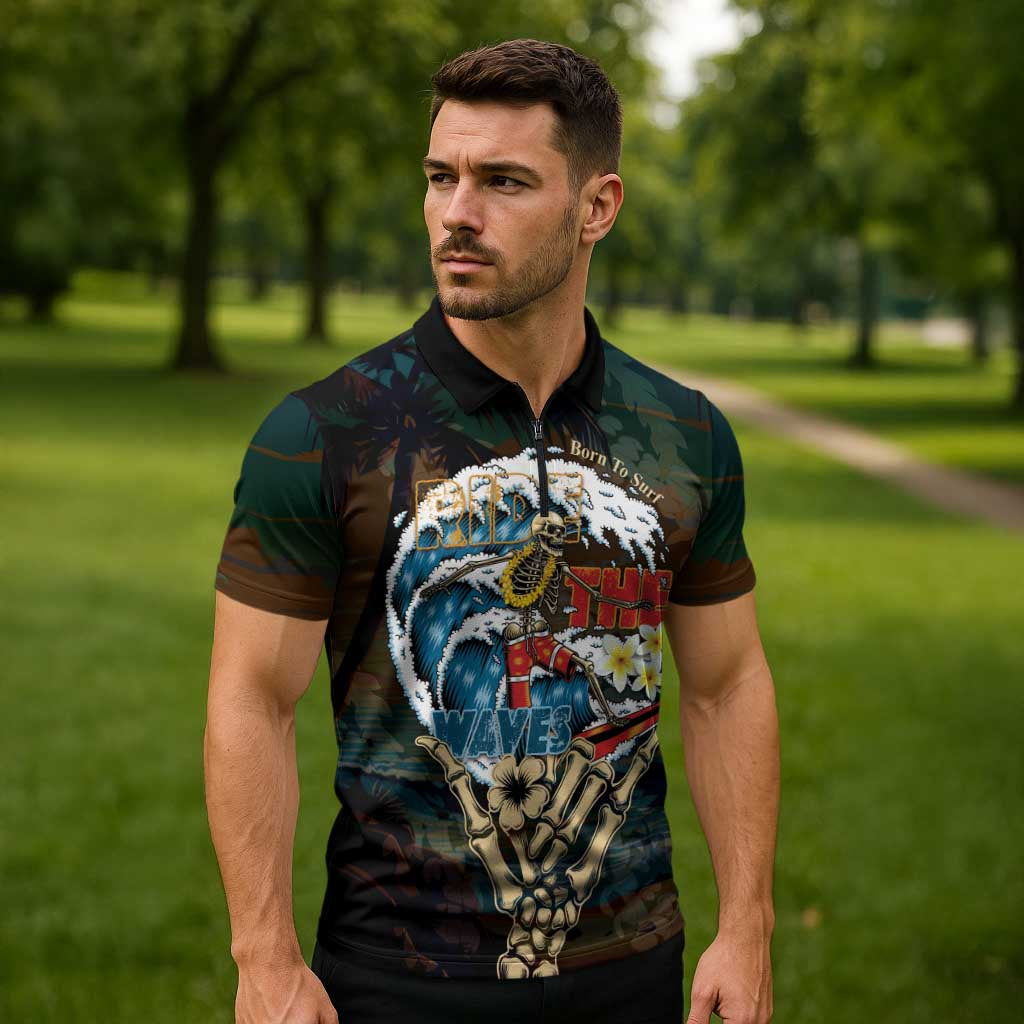 Aloha Hawaii Surfing Skull Zipper Polo Shirt Shaka Skeleton Ride The Waves - Wonder Print Shop