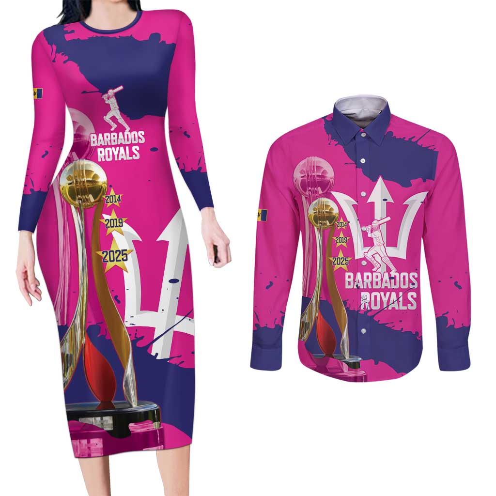 Barbados Royals Cricket Custom Couples Matching Long Sleeve Bodycon Dress and Long Sleeve Button Shirt 3rd Champions Trophy Proud - Pink - Wonder Print Shop