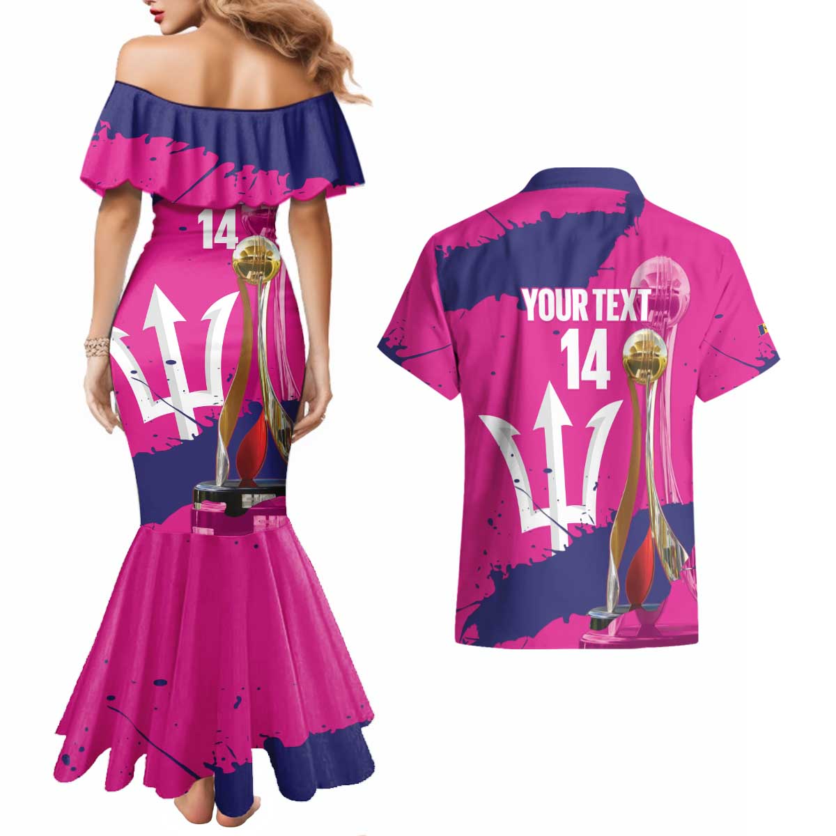 Barbados Royals Cricket Custom Couples Matching Mermaid Dress and Hawaiian Shirt 3rd Champions Trophy Proud - Pink - Wonder Print Shop