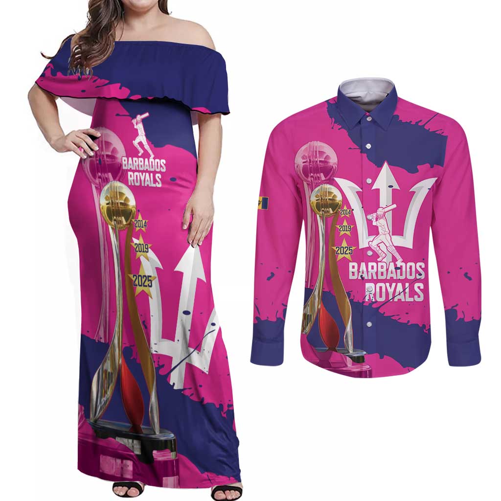 Barbados Royals Cricket Custom Couples Matching Off Shoulder Maxi Dress and Long Sleeve Button Shirt 3rd Champions Trophy Proud - Pink - Wonder Print Shop