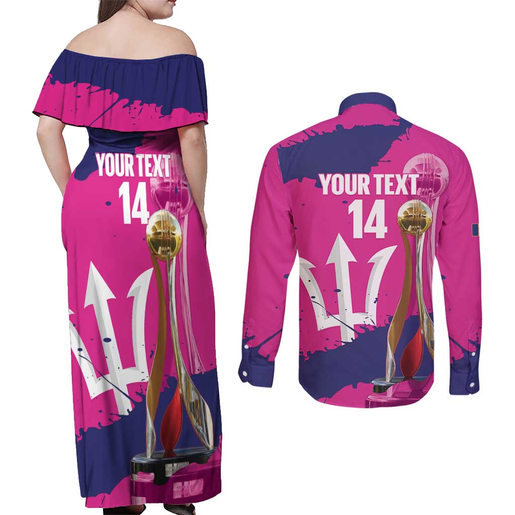 Barbados Royals Cricket Custom Couples Matching Off Shoulder Maxi Dress and Long Sleeve Button Shirt 3rd Champions Trophy Proud - Pink - Wonder Print Shop