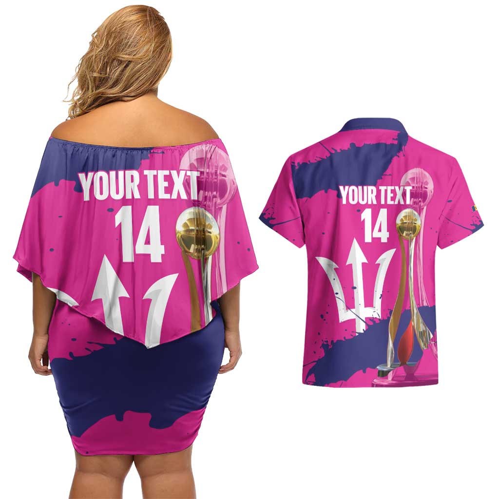 Barbados Royals Cricket Custom Couples Matching Off Shoulder Short Dress and Hawaiian Shirt 3rd Champions Trophy Proud - Pink - Wonder Print Shop
