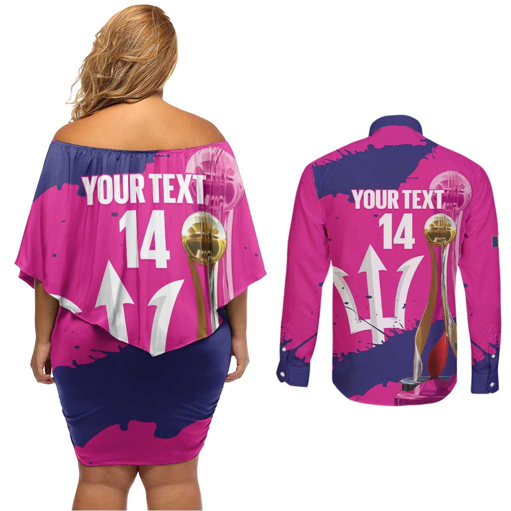 Barbados Royals Cricket Custom Couples Matching Off Shoulder Short Dress and Long Sleeve Button Shirt 3rd Champions Trophy Proud - Pink - Wonder Print Shop