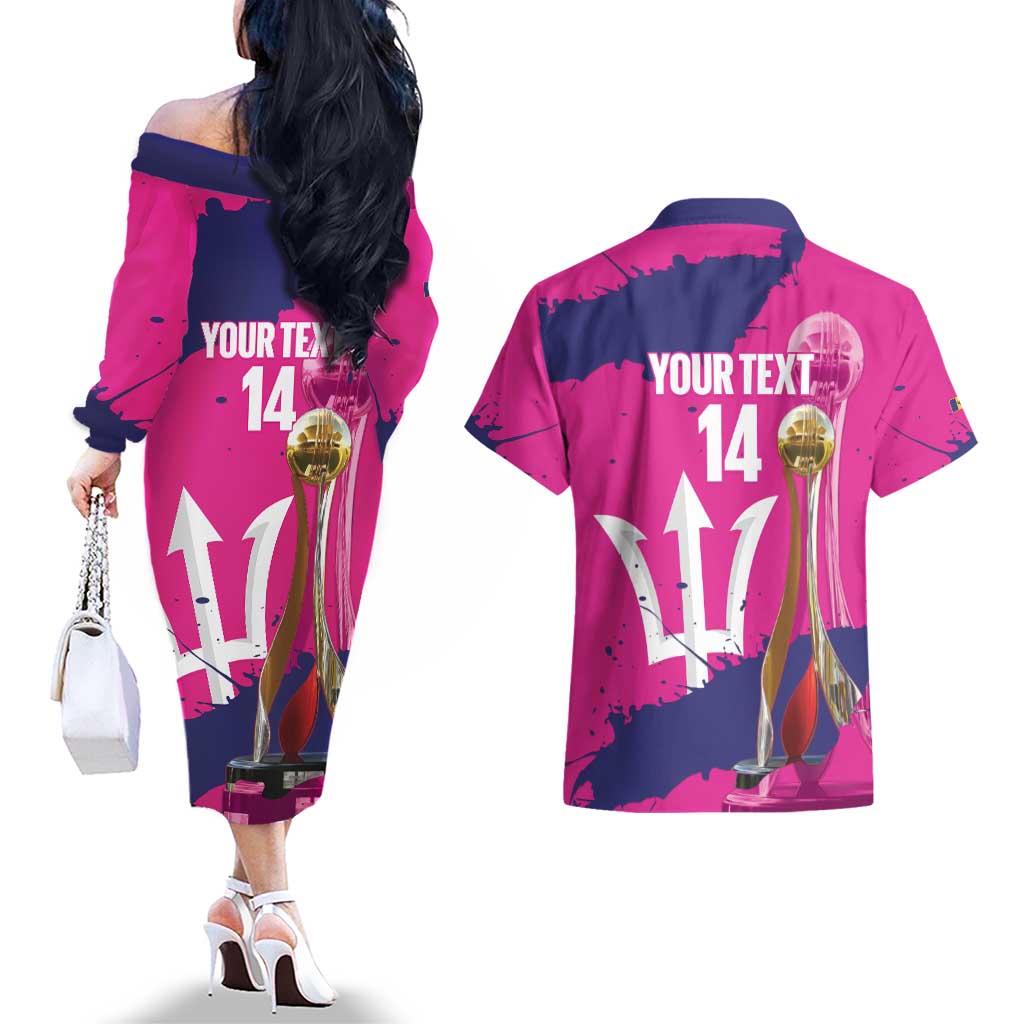 Barbados Royals Cricket Custom Couples Matching Off The Shoulder Long Sleeve Dress and Hawaiian Shirt 3rd Champions Trophy Proud - Pink - Wonder Print Shop