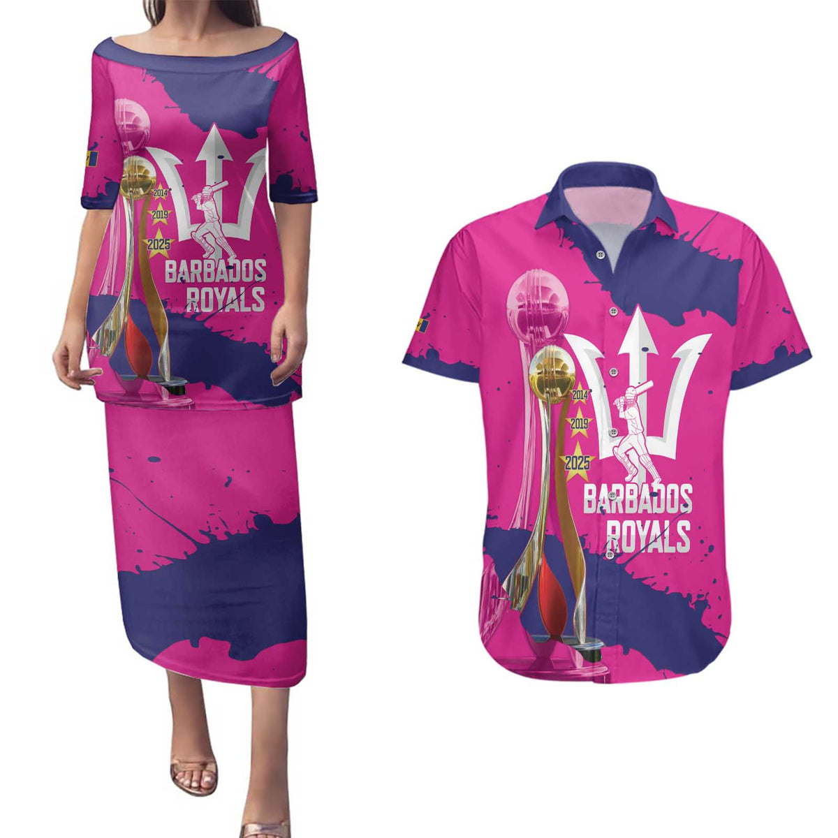 Barbados Royals Cricket Custom Couples Matching Puletasi and Hawaiian Shirt 3rd Champions Trophy Proud - Pink - Wonder Print Shop