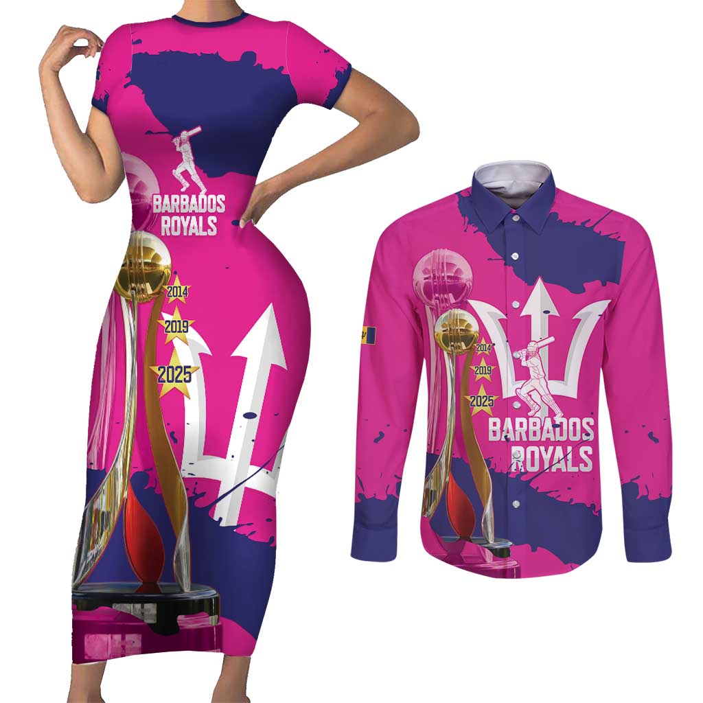 Barbados Royals Cricket Custom Couples Matching Short Sleeve Bodycon Dress and Long Sleeve Button Shirt 3rd Champions Trophy Proud - Pink - Wonder Print Shop