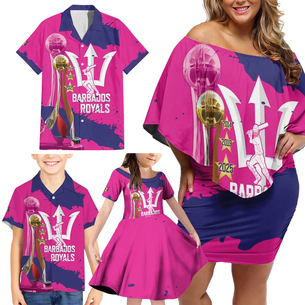 Barbados Royals Cricket Custom Family Matching Off Shoulder Short Dress and Hawaiian Shirt 3rd Champions Trophy Proud - Pink - Wonder Print Shop
