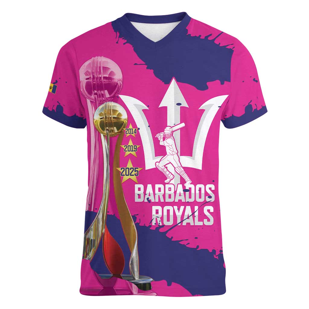 Barbados Royals Cricket Custom Women V-Neck T-Shirt 3rd Champions Trophy Proud - Pink - Wonder Print Shop