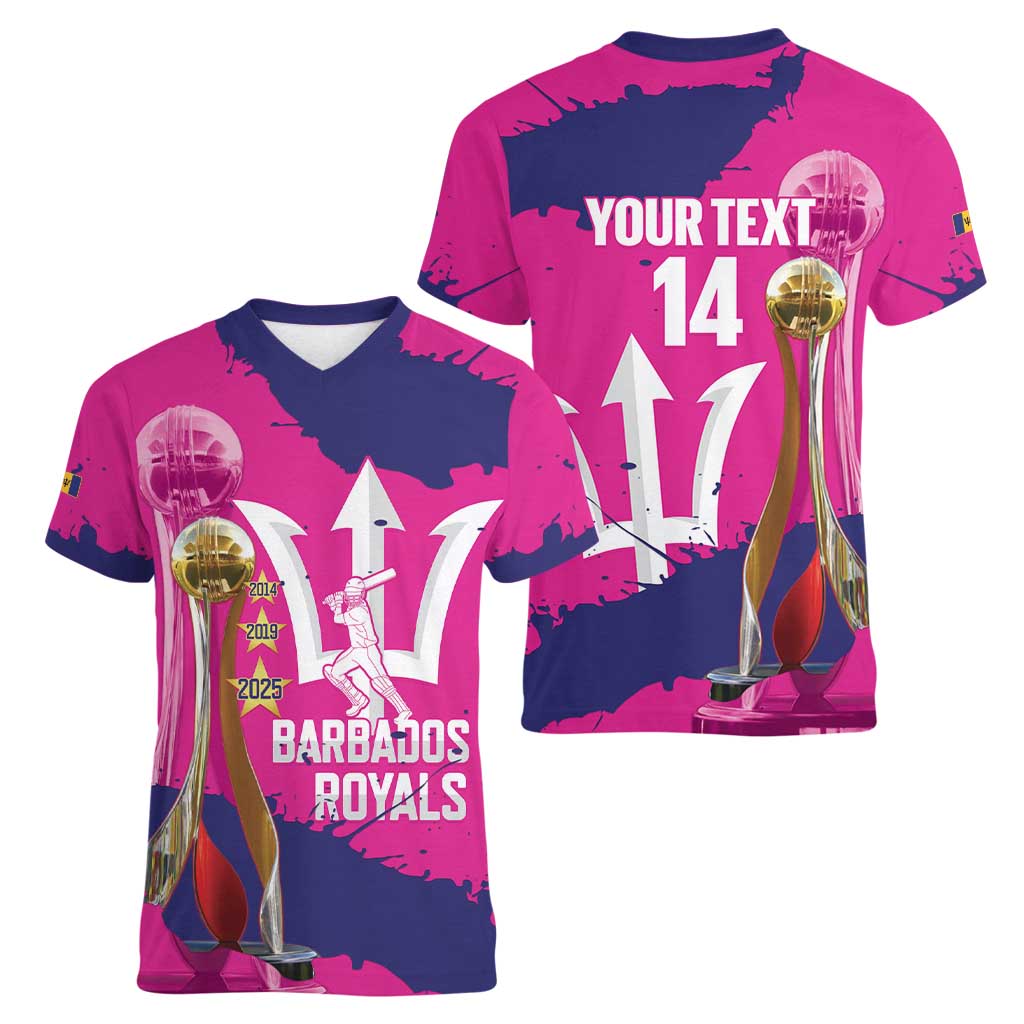 Barbados Royals Cricket Custom Women V-Neck T-Shirt 3rd Champions Trophy Proud - Pink - Wonder Print Shop