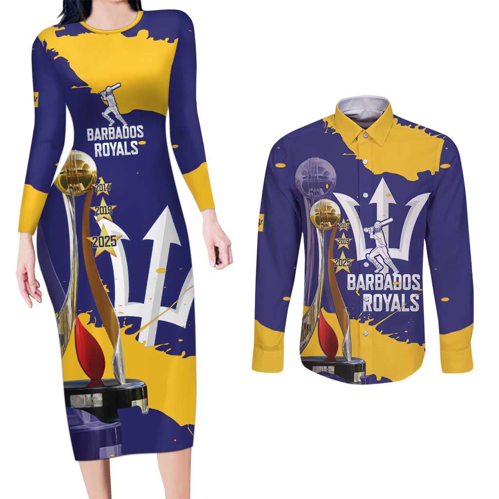 Barbados Royals Cricket Custom Couples Matching Long Sleeve Bodycon Dress and Long Sleeve Button Shirt 3rd Champions Trophy Proud - Blue - Wonder Print Shop