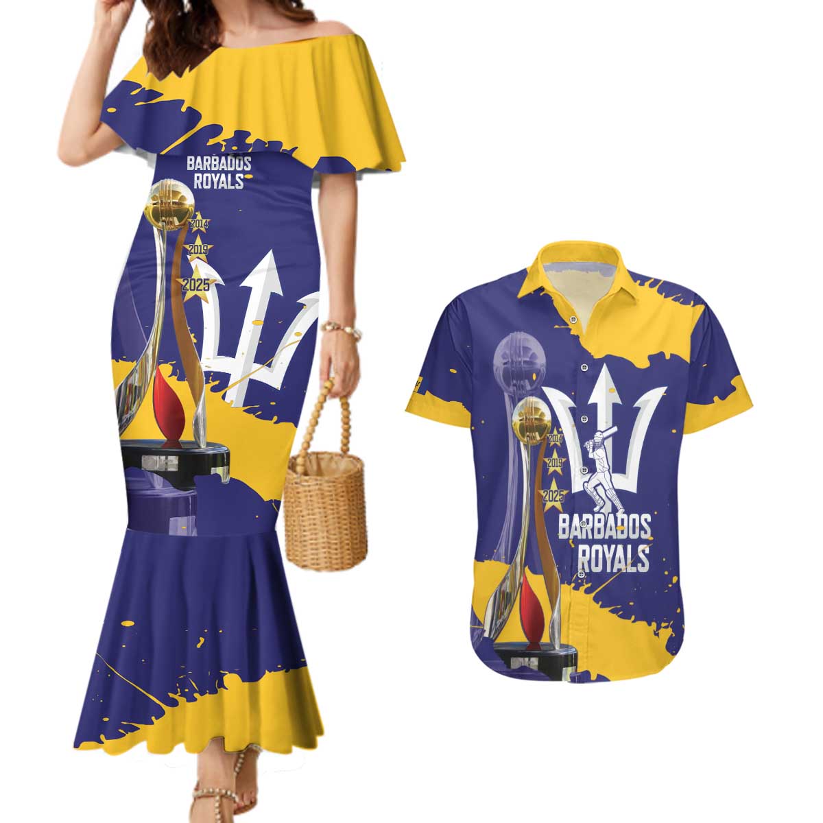 Barbados Royals Cricket Custom Couples Matching Mermaid Dress and Hawaiian Shirt 3rd Champions Trophy Proud - Blue - Wonder Print Shop