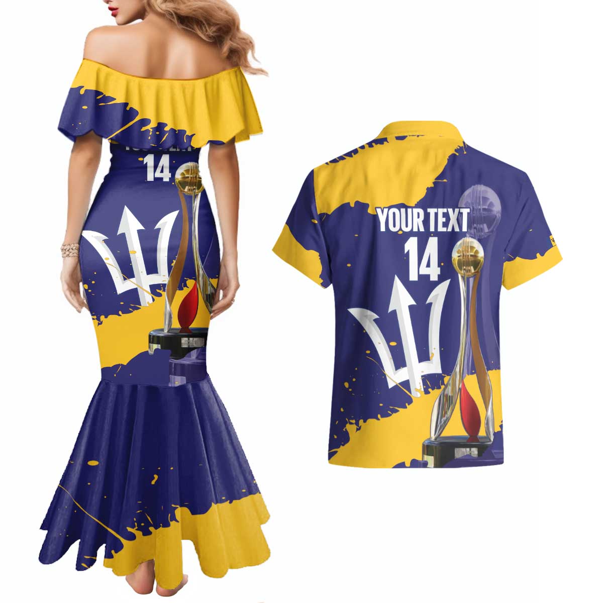 Barbados Royals Cricket Custom Couples Matching Mermaid Dress and Hawaiian Shirt 3rd Champions Trophy Proud - Blue - Wonder Print Shop