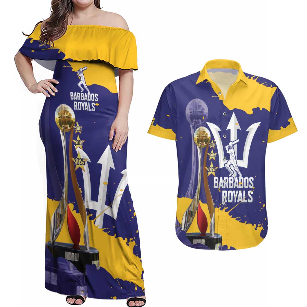Barbados Royals Cricket Custom Couples Matching Off Shoulder Maxi Dress and Hawaiian Shirt 3rd Champions Trophy Proud - Blue - Wonder Print Shop
