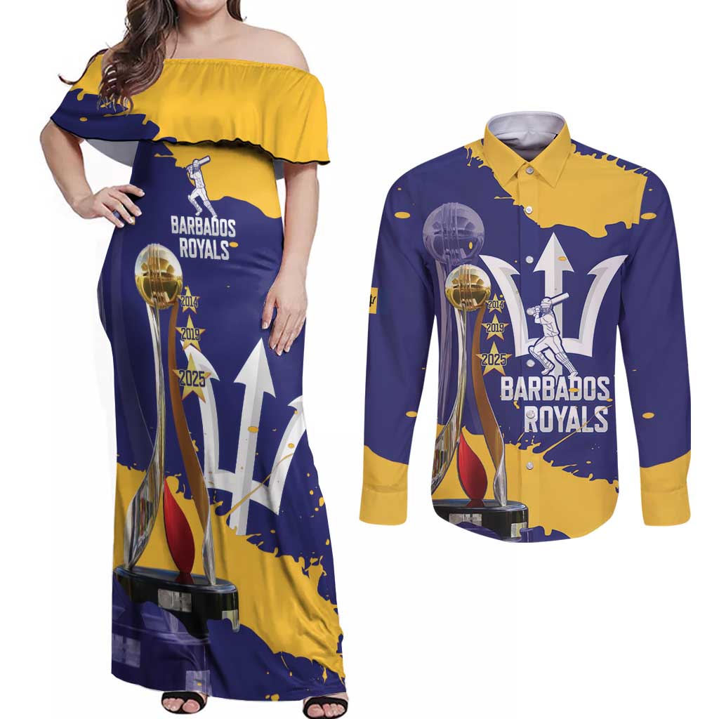 Barbados Royals Cricket Custom Couples Matching Off Shoulder Maxi Dress and Long Sleeve Button Shirt 3rd Champions Trophy Proud - Blue - Wonder Print Shop