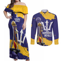 Barbados Royals Cricket Custom Couples Matching Off Shoulder Maxi Dress and Long Sleeve Button Shirt 3rd Champions Trophy Proud - Blue - Wonder Print Shop