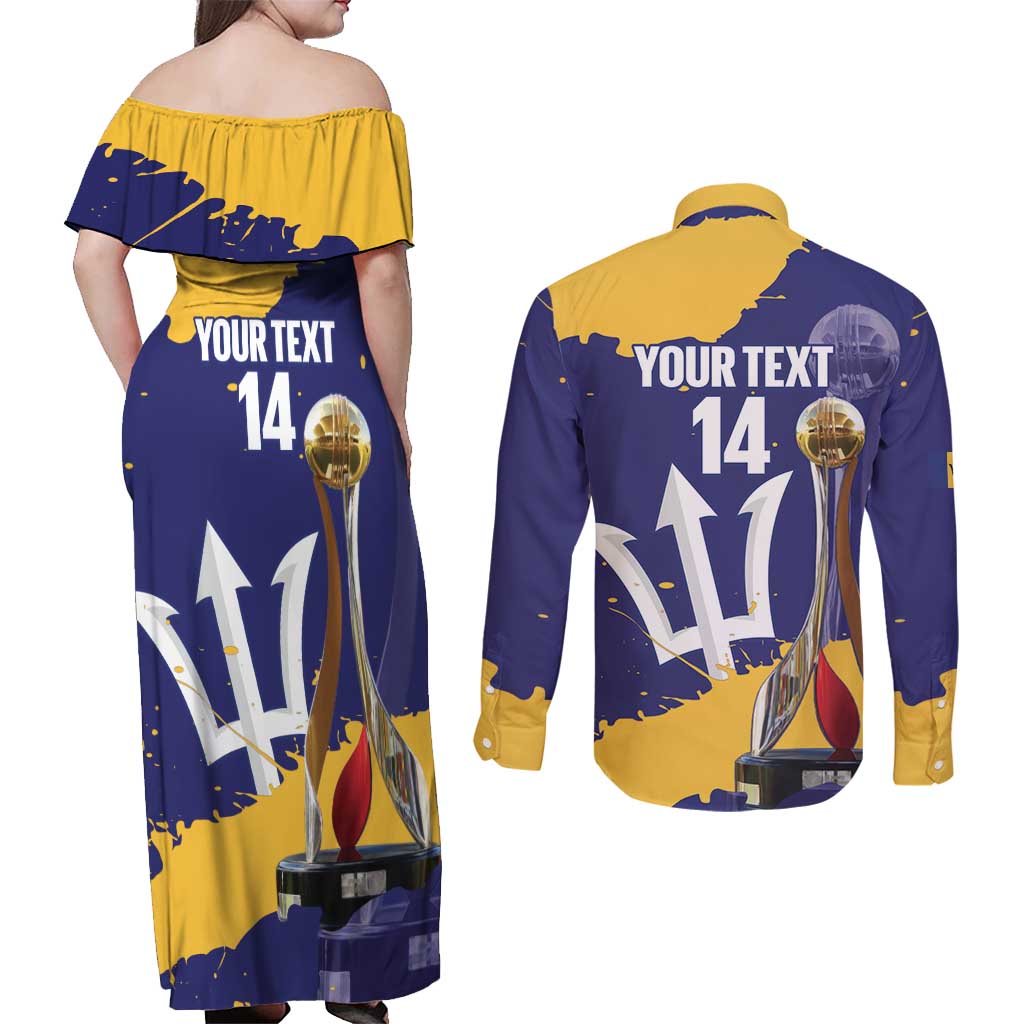 Barbados Royals Cricket Custom Couples Matching Off Shoulder Maxi Dress and Long Sleeve Button Shirt 3rd Champions Trophy Proud - Blue - Wonder Print Shop