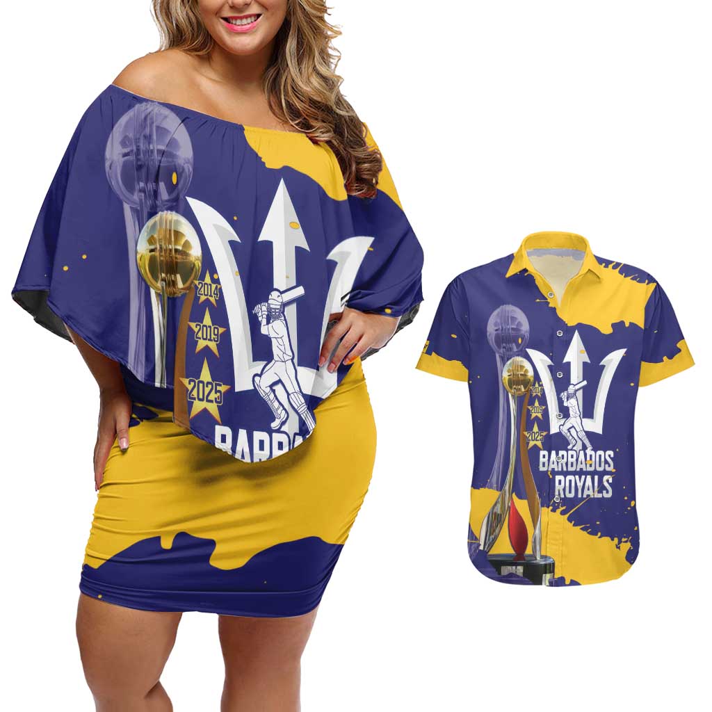 Barbados Royals Cricket Custom Couples Matching Off Shoulder Short Dress and Hawaiian Shirt 3rd Champions Trophy Proud - Blue - Wonder Print Shop