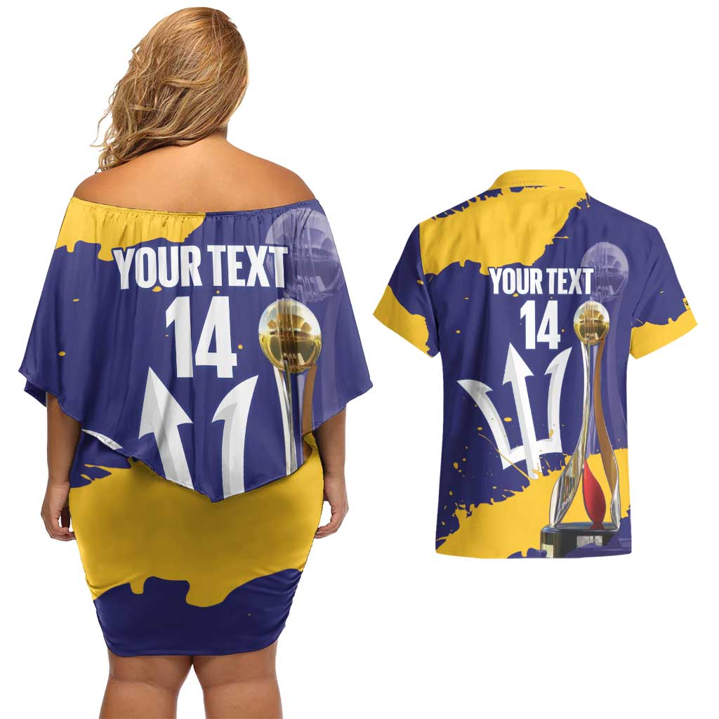 Barbados Royals Cricket Custom Couples Matching Off Shoulder Short Dress and Hawaiian Shirt 3rd Champions Trophy Proud - Blue - Wonder Print Shop