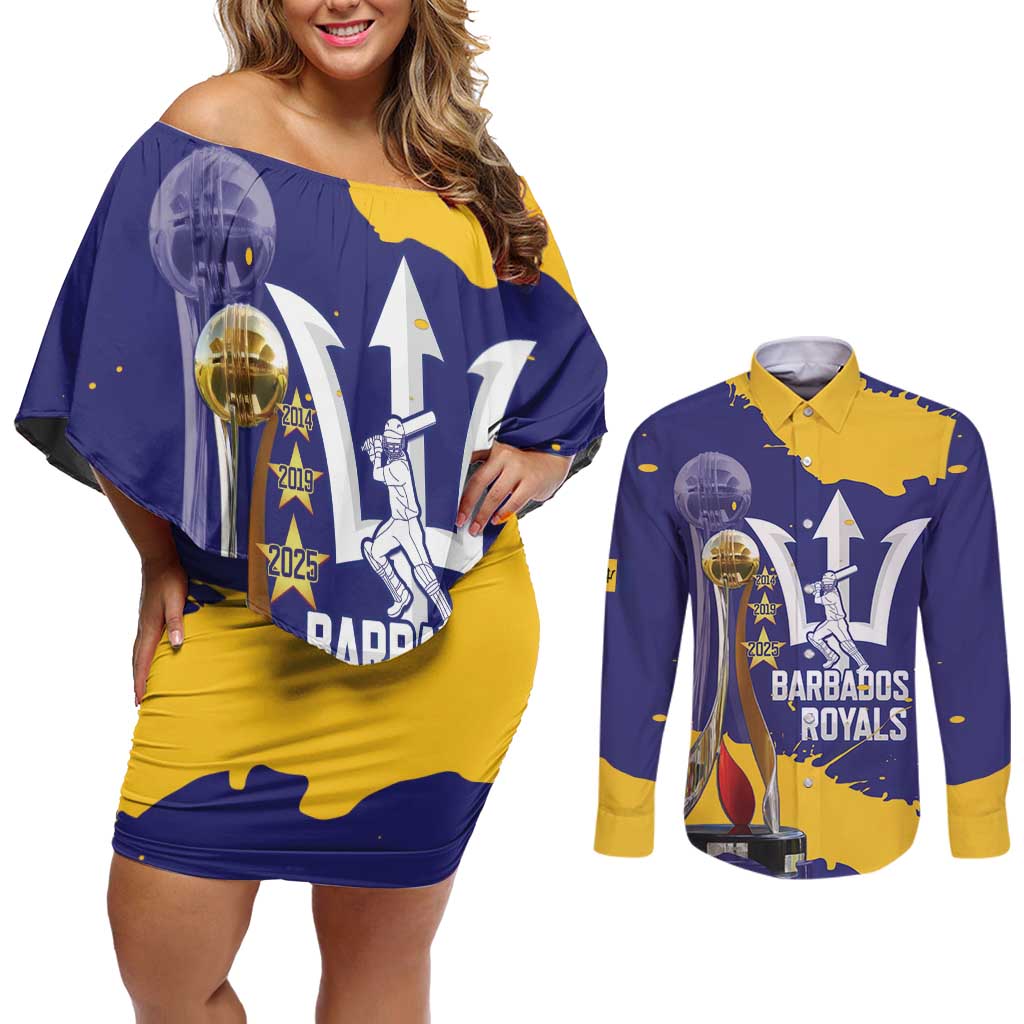 Barbados Royals Cricket Custom Couples Matching Off Shoulder Short Dress and Long Sleeve Button Shirt 3rd Champions Trophy Proud - Blue - Wonder Print Shop