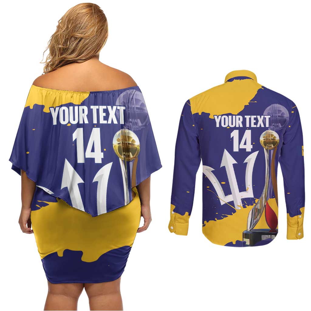 Barbados Royals Cricket Custom Couples Matching Off Shoulder Short Dress and Long Sleeve Button Shirt 3rd Champions Trophy Proud - Blue - Wonder Print Shop