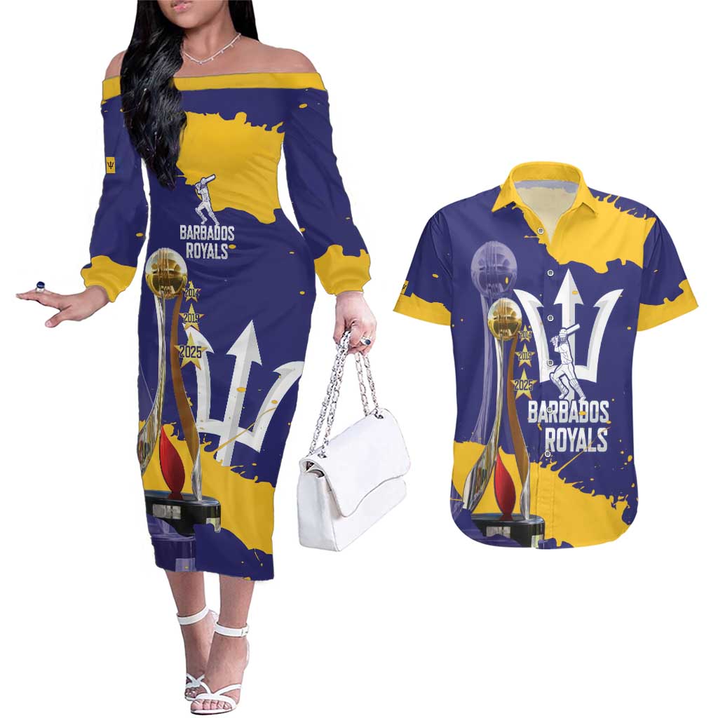 Barbados Royals Cricket Custom Couples Matching Off The Shoulder Long Sleeve Dress and Hawaiian Shirt 3rd Champions Trophy Proud - Blue - Wonder Print Shop
