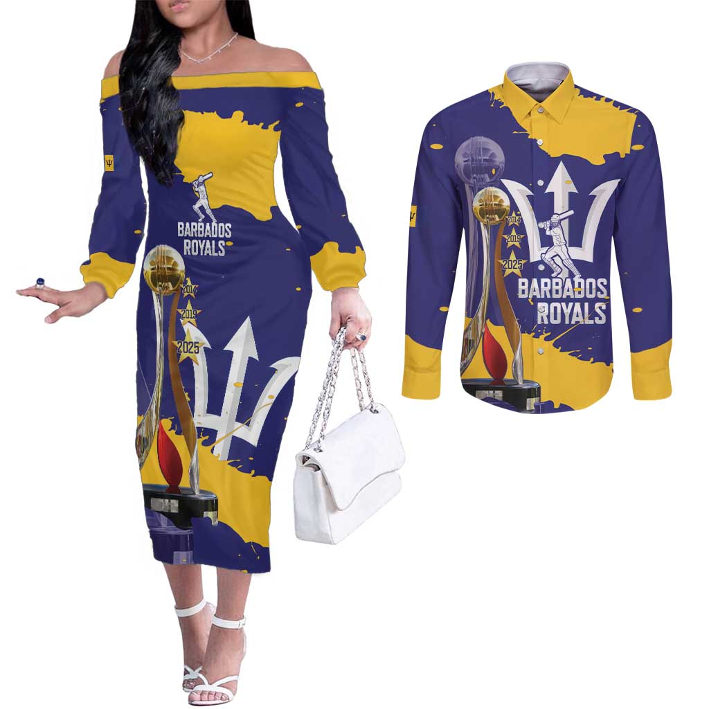 Barbados Royals Cricket Custom Couples Matching Off The Shoulder Long Sleeve Dress and Long Sleeve Button Shirt 3rd Champions Trophy Proud - Blue - Wonder Print Shop