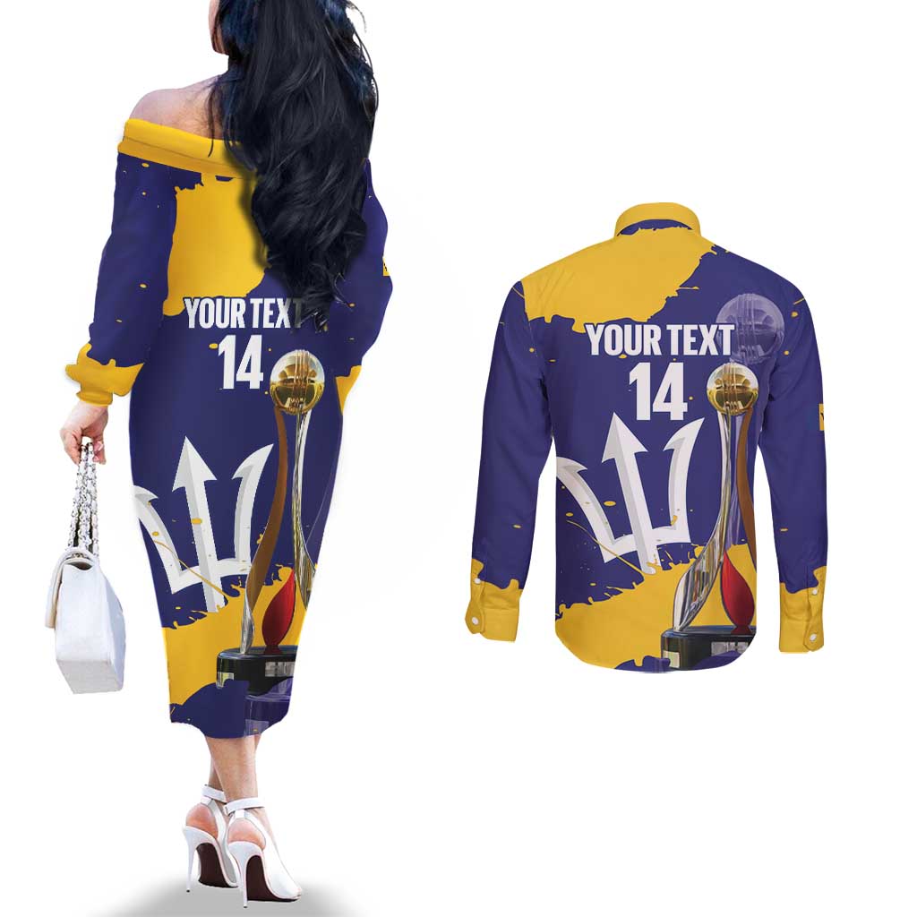 Barbados Royals Cricket Custom Couples Matching Off The Shoulder Long Sleeve Dress and Long Sleeve Button Shirt 3rd Champions Trophy Proud - Blue - Wonder Print Shop
