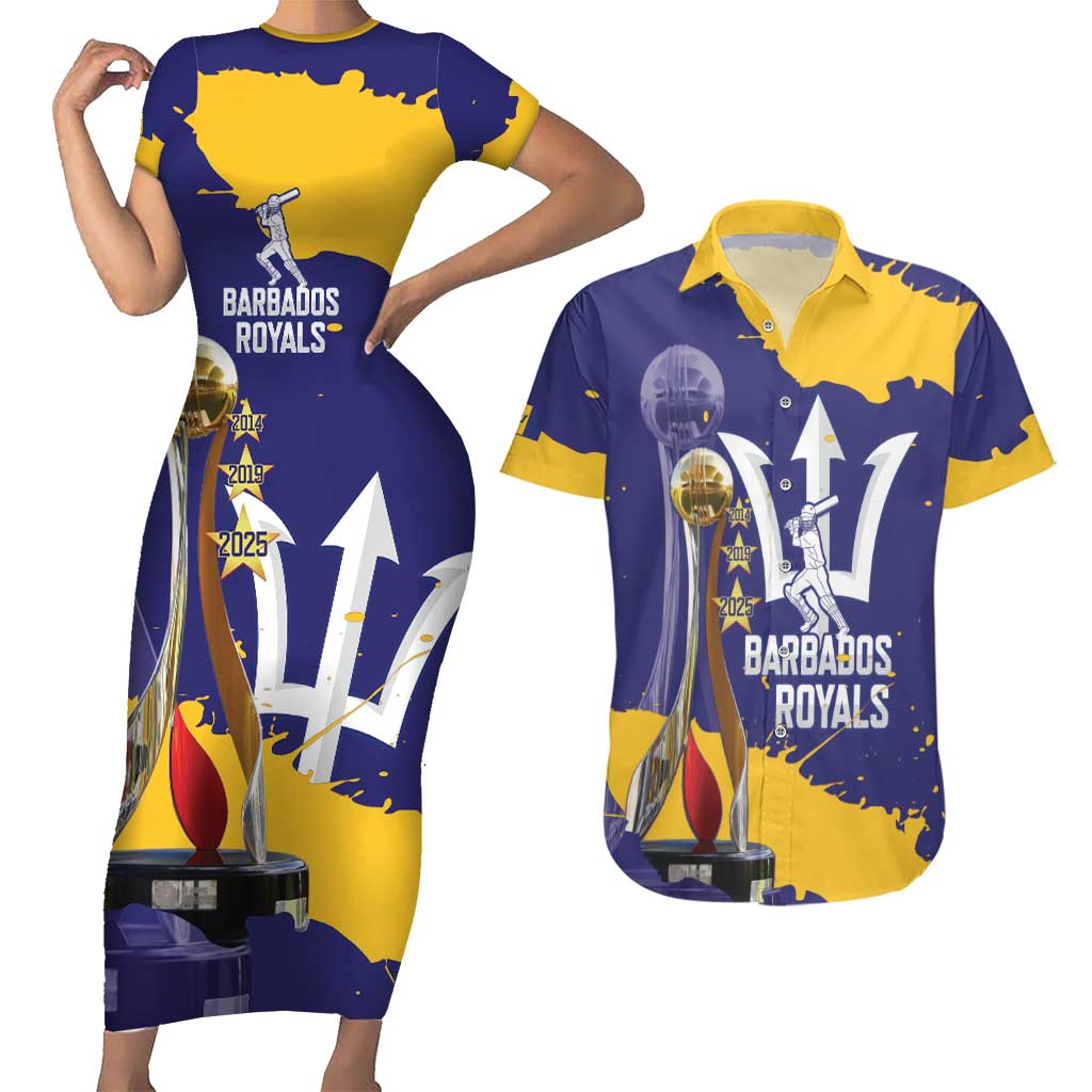 Barbados Royals Cricket Custom Couples Matching Short Sleeve Bodycon Dress and Hawaiian Shirt 3rd Champions Trophy Proud - Blue - Wonder Print Shop