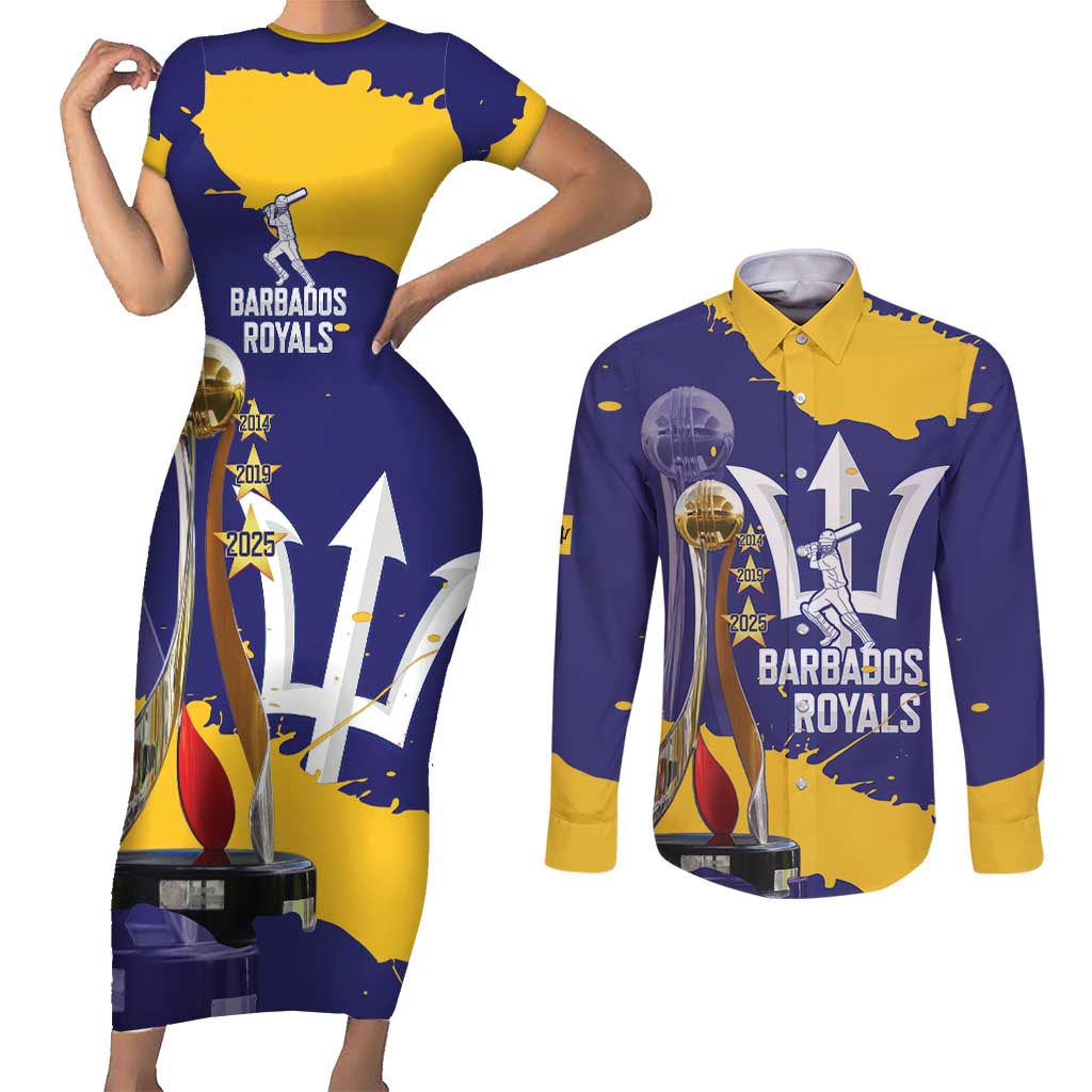Barbados Royals Cricket Custom Couples Matching Short Sleeve Bodycon Dress and Long Sleeve Button Shirt 3rd Champions Trophy Proud - Blue - Wonder Print Shop
