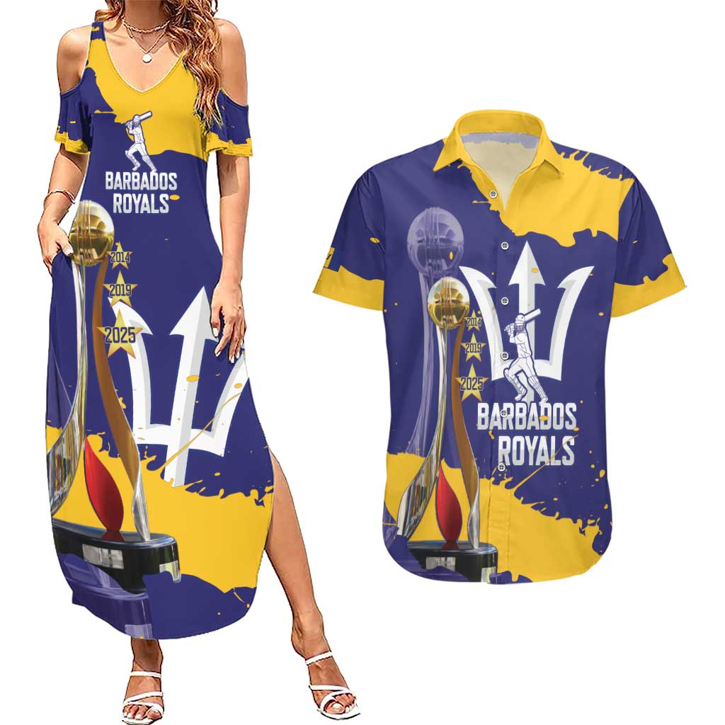 Barbados Royals Cricket Custom Couples Matching Summer Maxi Dress and Hawaiian Shirt 3rd Champions Trophy Proud - Blue - Wonder Print Shop