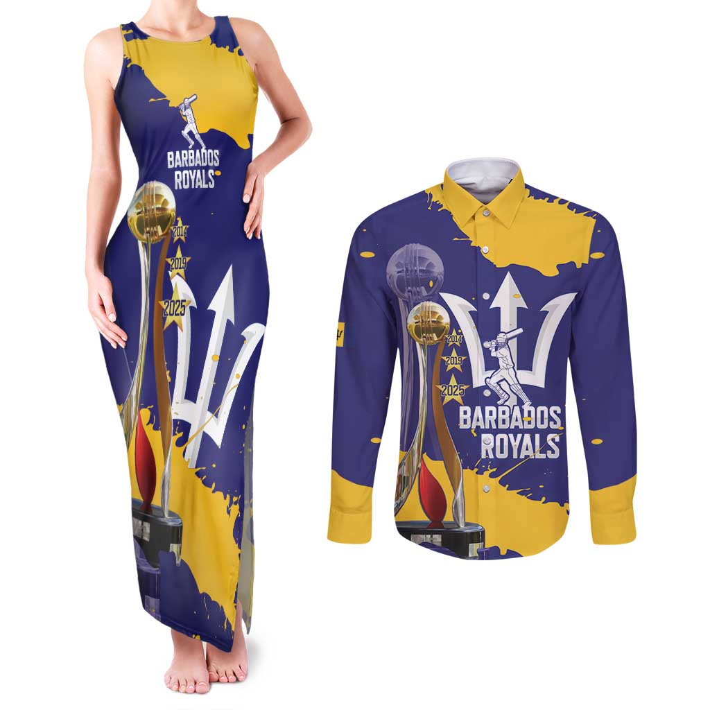 Barbados Royals Cricket Custom Couples Matching Tank Maxi Dress and Long Sleeve Button Shirt 3rd Champions Trophy Proud - Blue - Wonder Print Shop