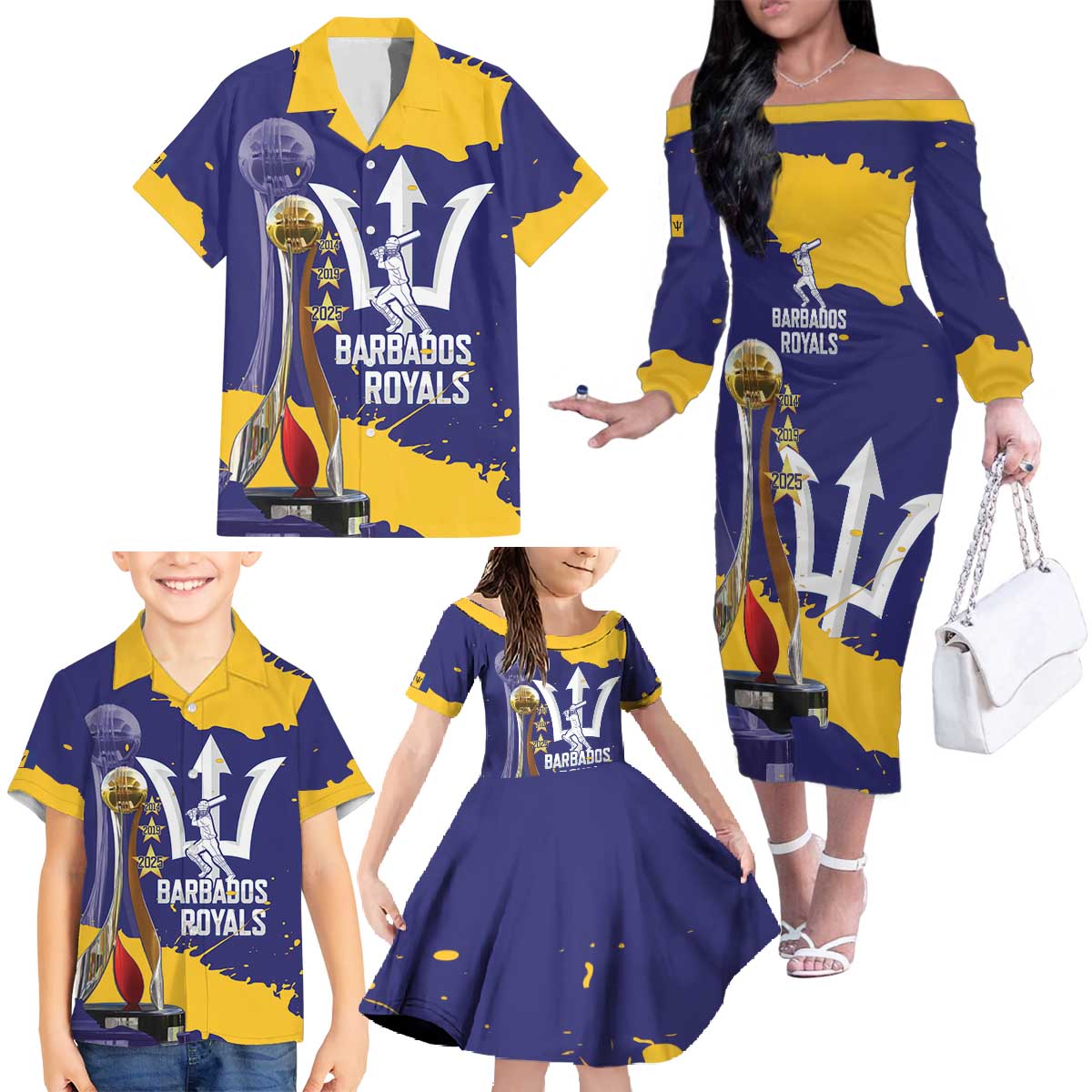 Barbados Royals Cricket Custom Family Matching Off The Shoulder Long Sleeve Dress and Hawaiian Shirt 3rd Champions Trophy Proud - Blue - Wonder Print Shop