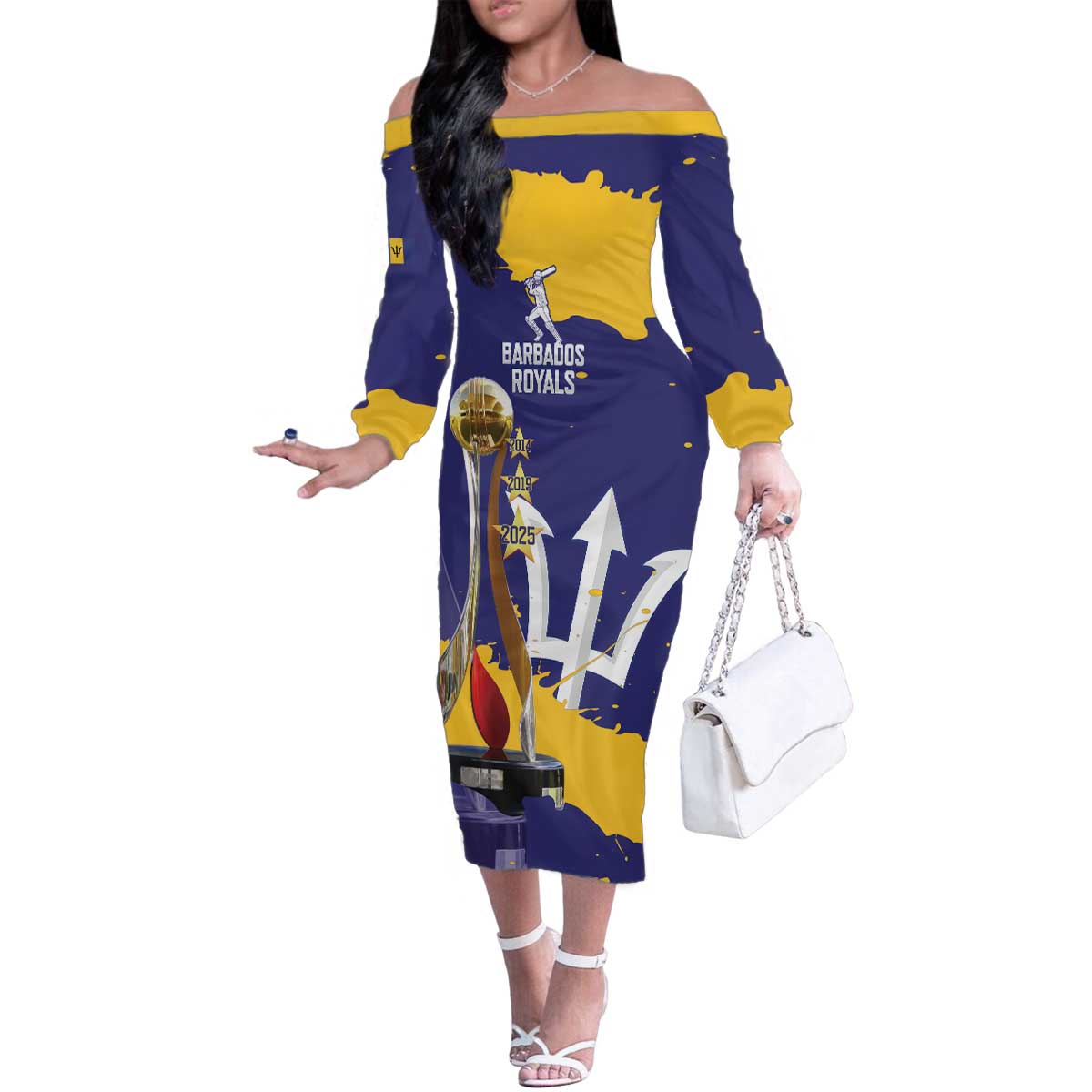 Barbados Royals Cricket Custom Family Matching Off The Shoulder Long Sleeve Dress and Hawaiian Shirt 3rd Champions Trophy Proud - Blue - Wonder Print Shop