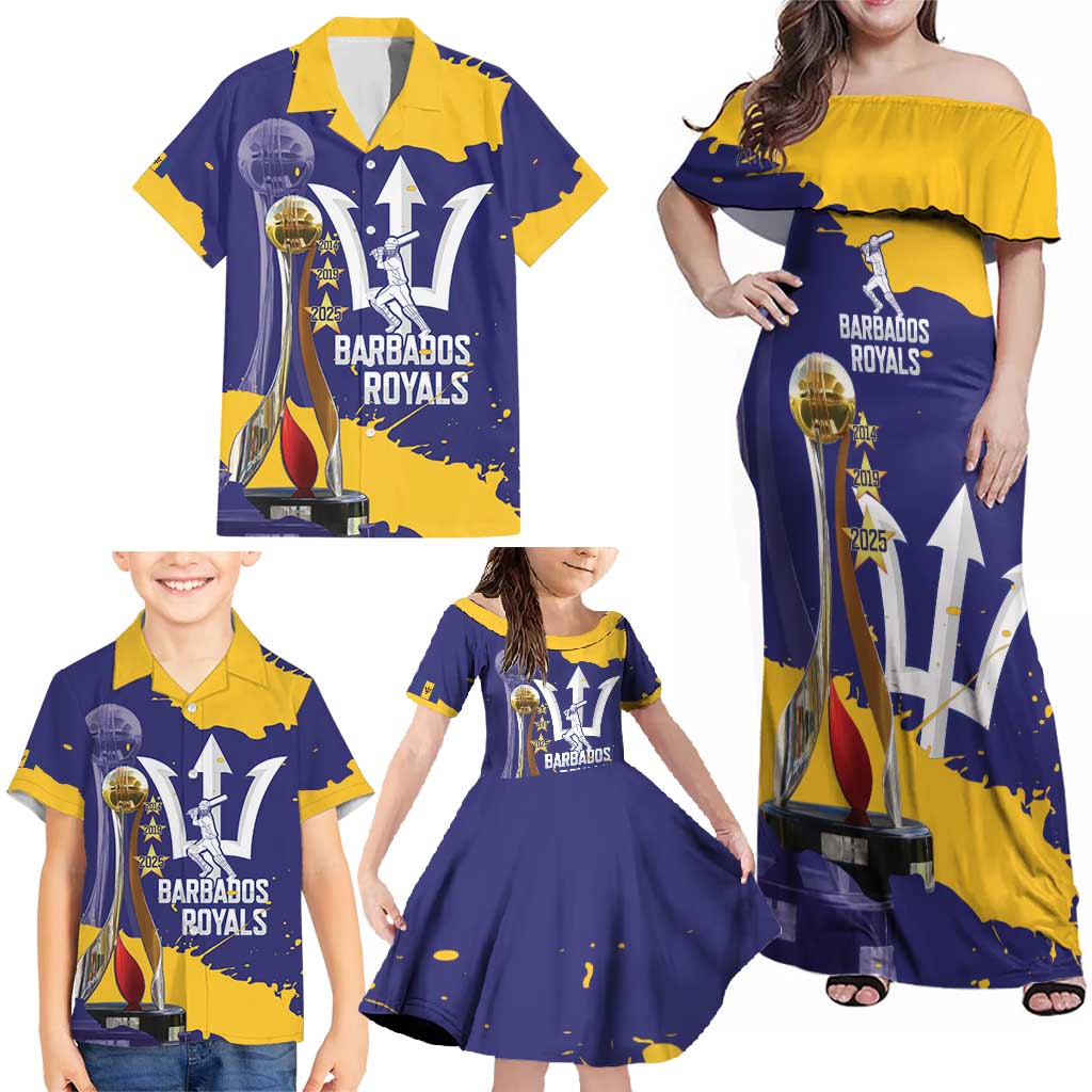 Barbados Royals Cricket Custom Family Matching Off Shoulder Maxi Dress and Hawaiian Shirt 3rd Champions Trophy Proud - Blue - Wonder Print Shop