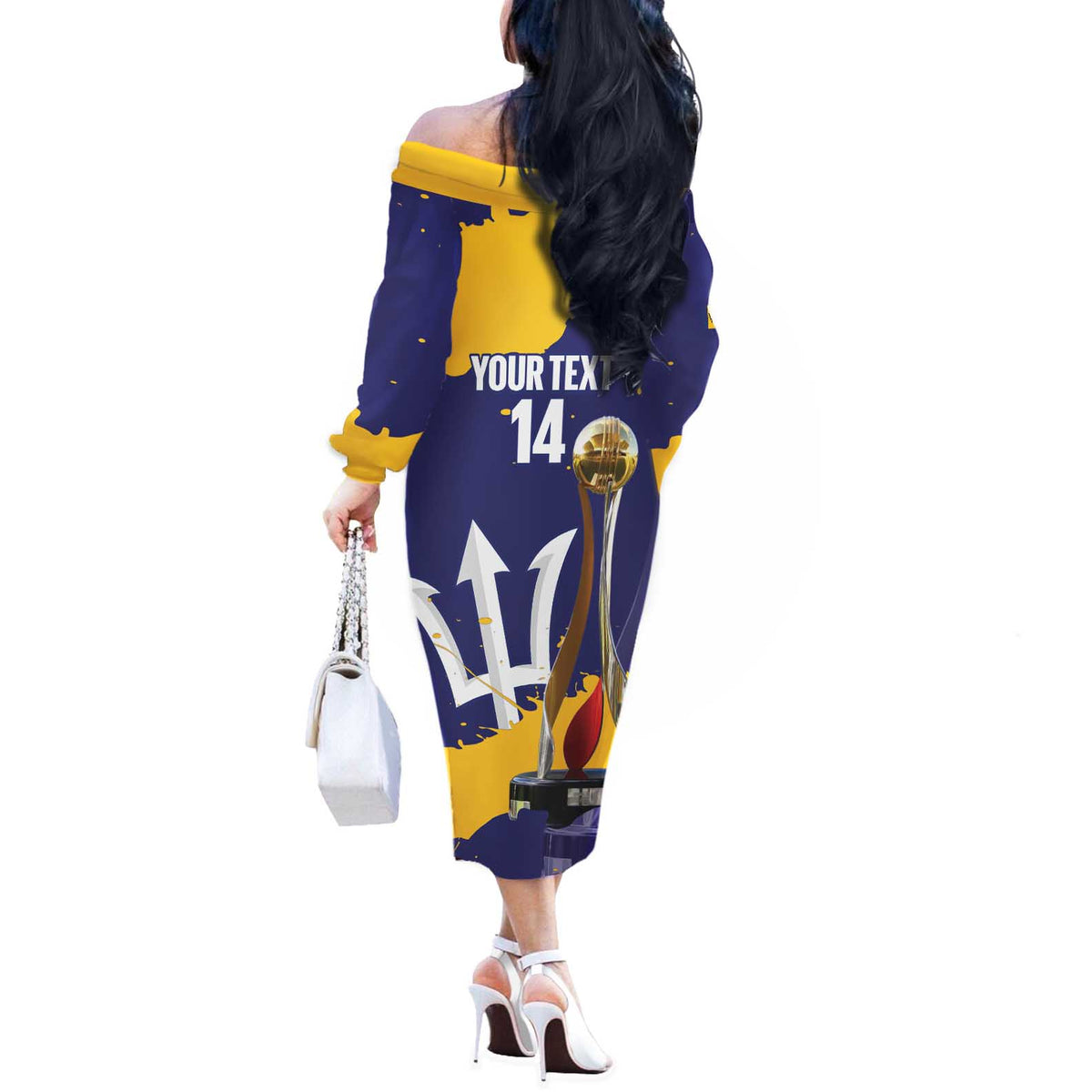 Barbados Royals Cricket Custom Off The Shoulder Long Sleeve Dress 3rd Champions Trophy Proud - Blue - Wonder Print Shop