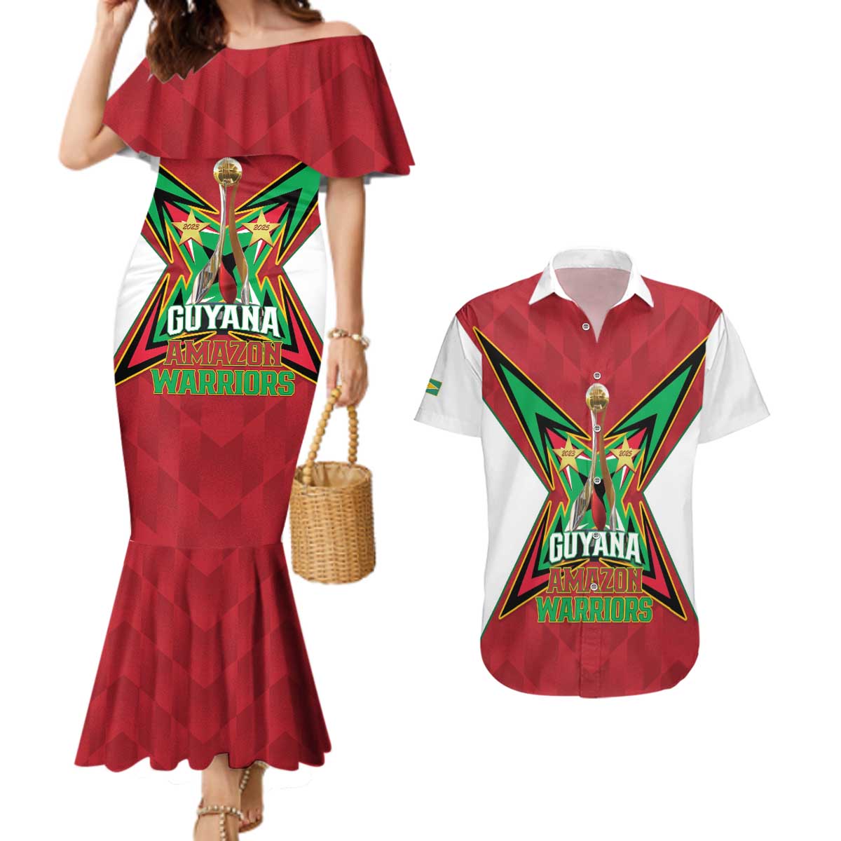 Amazon Warriors Guyana Cricket Custom Couples Matching Mermaid Dress and Hawaiian Shirt 2025 2nd Champions Proud - Wonder Print Shop