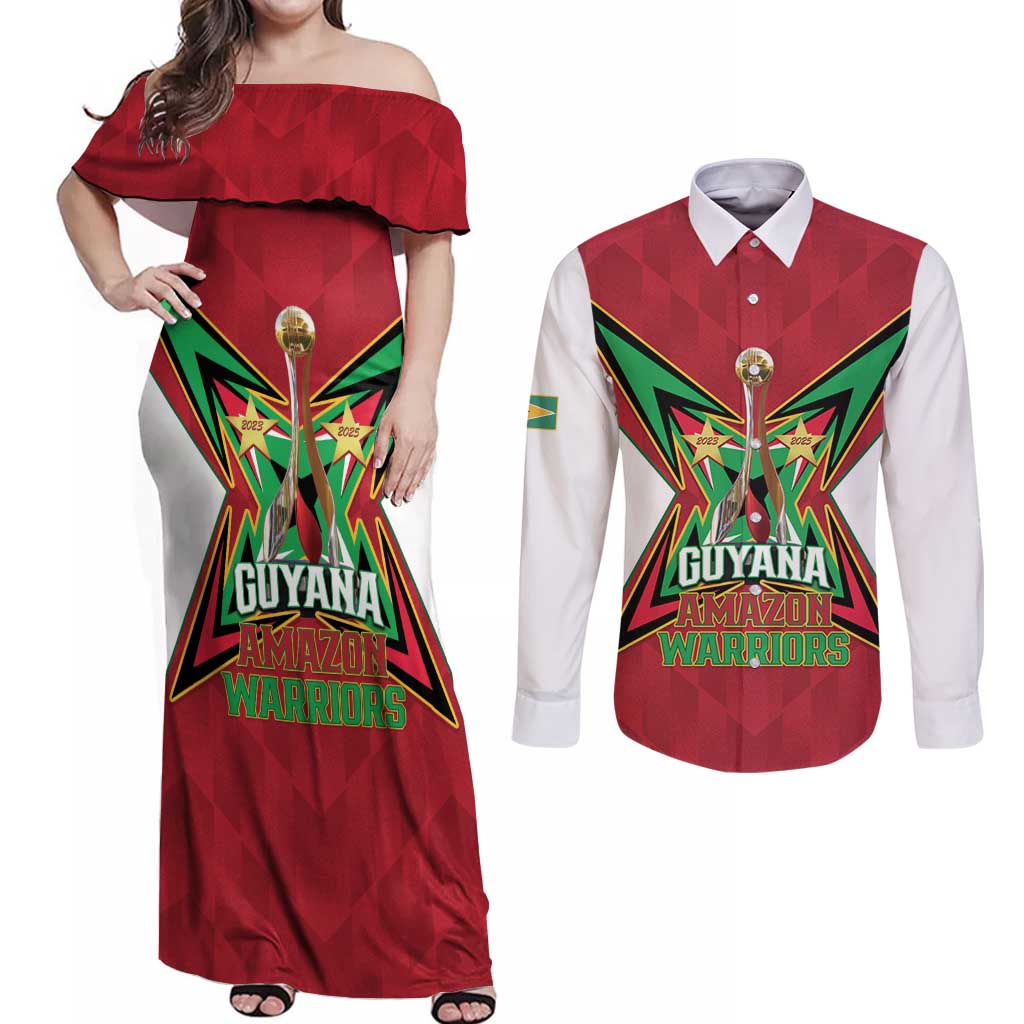 Amazon Warriors Guyana Cricket Custom Couples Matching Off Shoulder Maxi Dress and Long Sleeve Button Shirt 2025 2nd Champions Proud - Wonder Print Shop