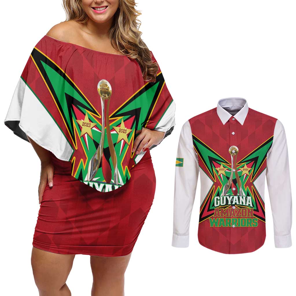 Amazon Warriors Guyana Cricket Custom Couples Matching Off Shoulder Short Dress and Long Sleeve Button Shirt 2025 2nd Champions Proud - Wonder Print Shop