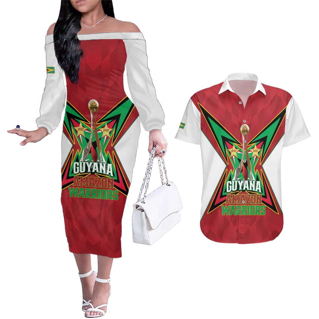 Amazon Warriors Guyana Cricket Custom Couples Matching Off The Shoulder Long Sleeve Dress and Hawaiian Shirt 2025 2nd Champions Proud - Wonder Print Shop