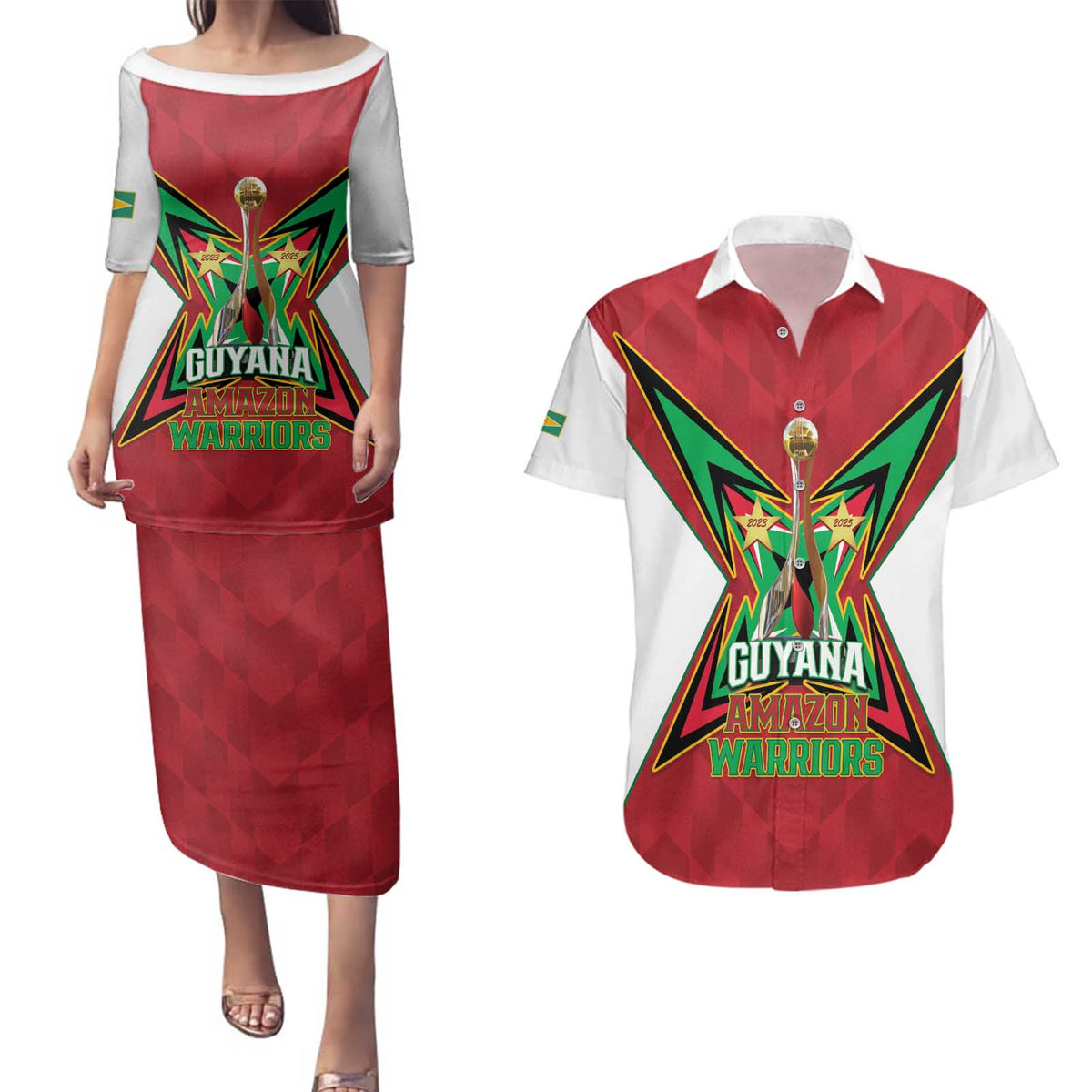 Amazon Warriors Guyana Cricket Custom Couples Matching Puletasi and Hawaiian Shirt 2025 2nd Champions Proud - Wonder Print Shop